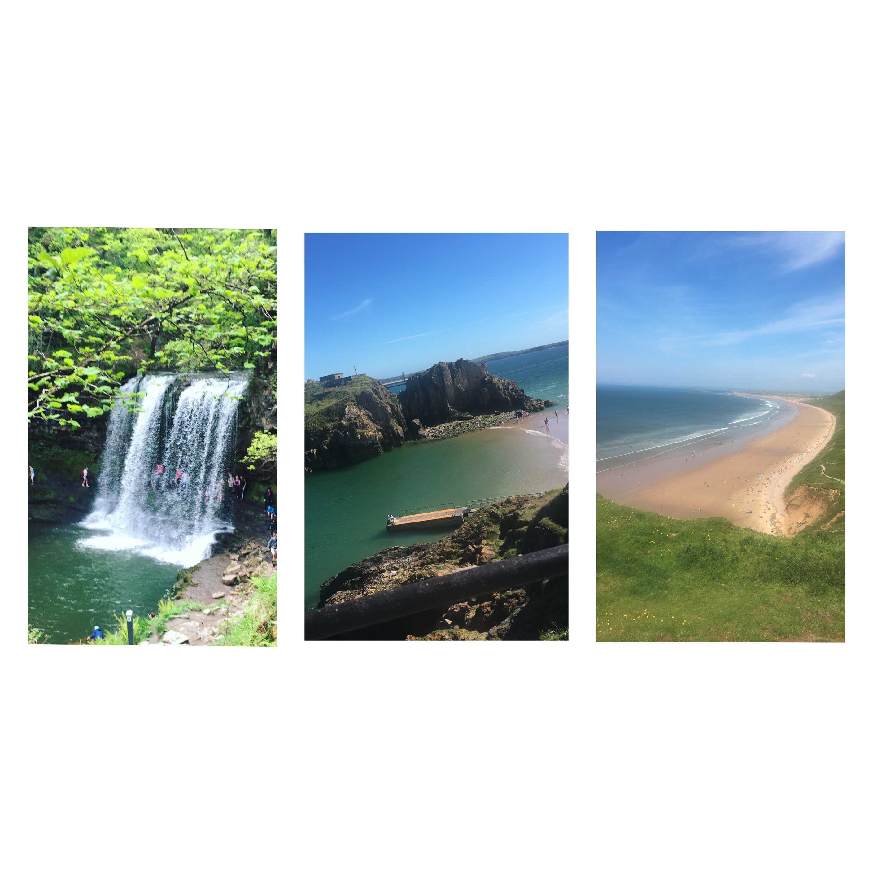 waterfall in Brecon Beacons, St Catherine's Island, Rhossili Bay Beach