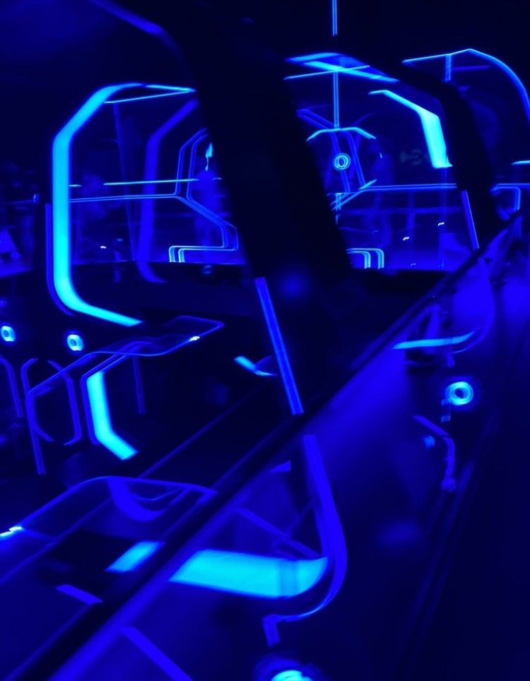 dark room with bright blue lights